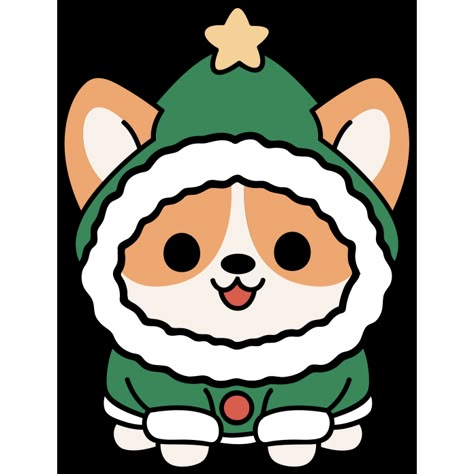 Kawaii Christmas Drawings, Cute Christmas Drawings, Green Christmas Outfit, Navidad Cute, Kawaii Corgi, Corgi Drawing, Easy Animal Drawings, Corgi Christmas, Winter Puppy