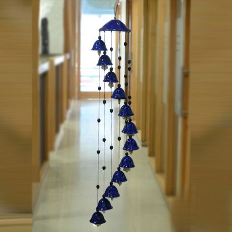 Hang these set of 12 glazy wind chime bells in balcony or at the entrance of the house to accentuate it's beauty. The slightest breeze will cause a melodious soothing tinkling sound. The bright blue glaze of the chimes will add life to your house. This is definitely a piece of attraction for your guests. Ceramic Wind Chimes, Wind Bells, Wooden Wind Chimes, Wooden Wall Hangings, Diwali Gifts, Brass Bells, Indian Home Decor, Diwali Decorations, Handcrafted Ceramics