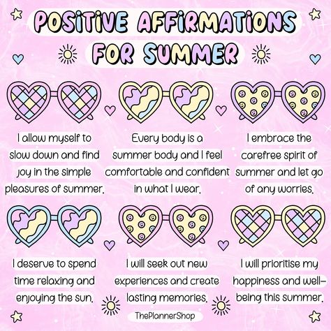 It’s officially the first day of Summer! ☀️ Here are some positive affirmations for the season: 🩷 I allow myself to slow down and find joy in the simple pleasures of summer. 💛 Every body is a summer body and I feel comfortable and confident in what I wear. 💜 I embrace the carefree spirit of summer and let go of any worries. 🩵 I deserve to spend time relaxing and enjoying the sun. 🩷 I will seek out new experiences and create lasting memories. 💛 I will prioritise my happiness and wellbe... Summer Affirmations, Classroom Tools, Affirmation Of The Day, My Happiness, Bullet Journal Mood, New Experiences, First Day Of Summer, Uplifting Words, Self Concept