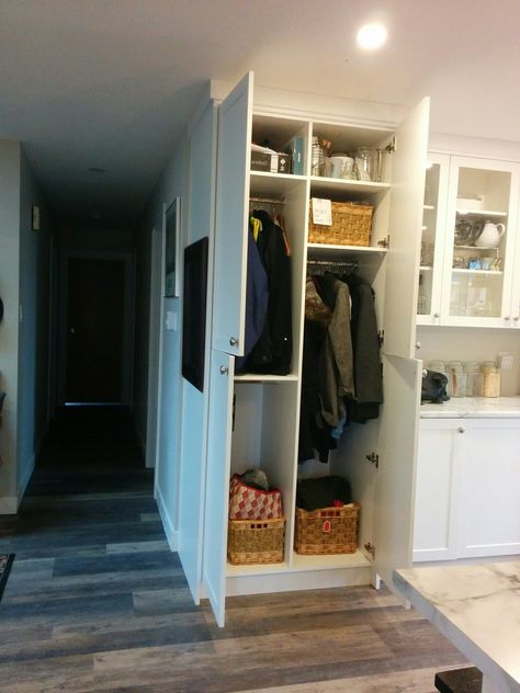 Kitchen Coat Closet, Hot Water Tank Closet, Coat Closet In Laundry Room, Pantry And Coat Closet Combo, Corner Coat Closet, Hallway Nook Ideas, Pantry Addition, Hallway Nook, Coat Cupboard