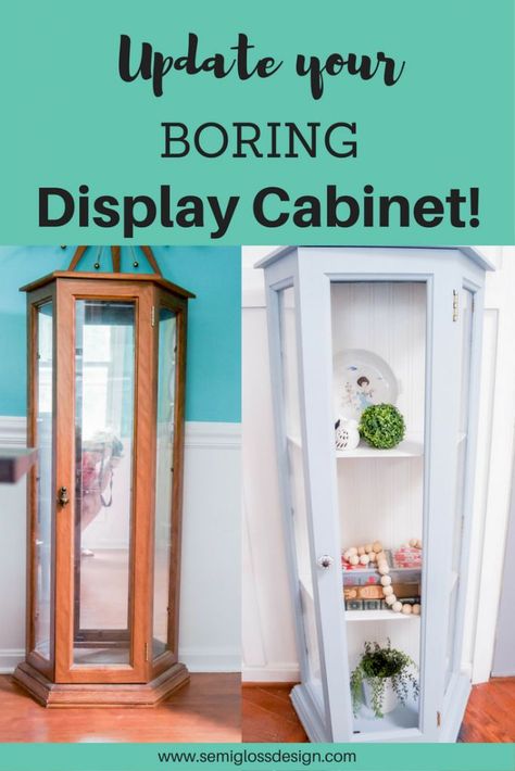 Use bead board wallpaper to update the backing of a dated cabinet | Semigloss Design Chalk Painted Furniture Ideas, Curio Cabinet Redo, Painted Curio Cabinets, Curio Cabinet Makeover, Chalk Painted Furniture, Painted Furniture Ideas, Beadboard Wallpaper, Distressed Furniture Painting, Painted China Cabinets