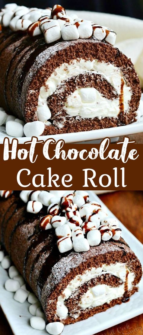 Hot Chocolate Cake Roll, Hot Cocoa Cake, Christmas Cake Roll, Chocolate Cake Roll, Hot Chocolate Cake, Marshmallow Filling, Themed Recipes, Chocolate Roll Cake, Cocoa Cake