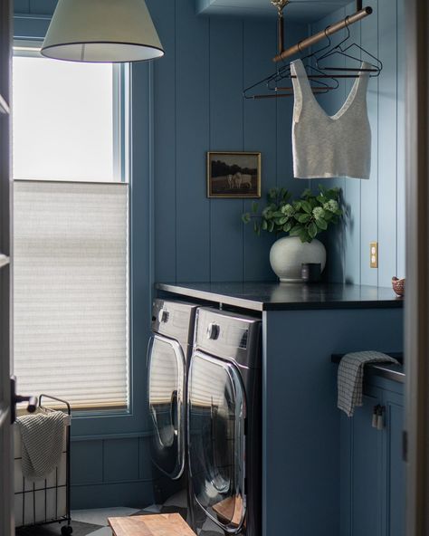 After + Before : MJD Laundry Room Makeover #mjdlaundry #laundryroom #laundryroommakeover #smalllaundryroom #vgroove #swcolorlove #diyprojects #diyhomedecor #diyhome #homerenovation #interiordesign #interiorstyle #redtheory #woodturned #peelandsticktiles #cljsquad #insetcabinets Dark Blue Laundry Room Walls, Dark Teal Laundry Room, Small Laundry Room Dark Paint, Light Teal Laundry Room, Dark Blue Laundry Room, Teal Laundry Room, Blue Laundry Room, Mud Room Laundry Room Combo, Small Laundry Space