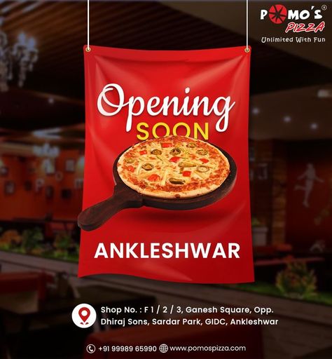 Hello Ankleshwar!! Now you can enjoy the test of Pomo's pizza in your area. We are opening soon, stay tuned. Address: Shop No. : F 1 / 2 / 3, Ganesh Square, Opp. Dhiraj Sons, Sardar Park, GIDC, Ankleshwar #pizza #newopening #newoutlet #openingsoon #Ankleshwar #lunch #dinner #unlimitedfood #restaurant #pizzatime #food #unlimitedpizza #pomospizza Opening Soon Poster, Restaurant Opening, Restaurant Poster, Pizza Restaurant, Opening Soon, F 1, Chip Bag, Stay Tuned, Snack Recipes