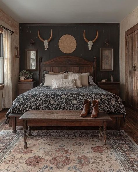 Dark Western Bedroom, Bedroom Black Wall, Ranch Style Bedroom, Wood Walls Bedroom, Texas Home Decor, Western Bedroom Decor, Western Rooms, Western Bedroom, Antique Bedroom