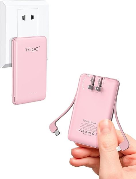 Amazon.com: TG90° Portable Charger Power Bank, Ultra Small 5000mAh Battery Pack with Built-in AC Wall Plug and Cables, USB C Cell Phone External Battery Charger Compatible with iPhone and Android Devices : Cell Phones & Accessories Small Portable Charger, Pink Power, Portable Power Bank, External Battery, Wall Plug, Amazon Shopping, Portable Charger, Portable Power, Wearable Technology