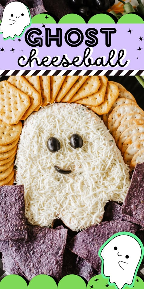 Looking for a spooktacular treat for your guests? This fun and festive Halloween Ghost Cheeseball is not only delicious but also a conversation starter. Ghost Veggie Tray, Ghost Party Food Ideas, Ghost Treats Halloween, Halloween Ghost Food Ideas, Ghost Theme Party Food, Ghostbusters Themed Food, Ghostbuster Party Food, Halloween Cheeseball Ideas, Halloween Party Sides