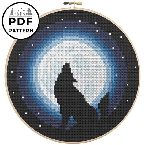 This cross stitch pattern features the silhouette of a howling wolf in front of a glowing full moon. If you love the beauty of Canadian landscapes and wish to escape for a few hours of stitching, this pattern is for you! Cross Stitch Moon, Wolf Cross Stitch, Colour Names, Wolf Pattern, Moon Cross Stitch, Random Crafts, Howling Wolf, Silver Wolf, Wolf Moon