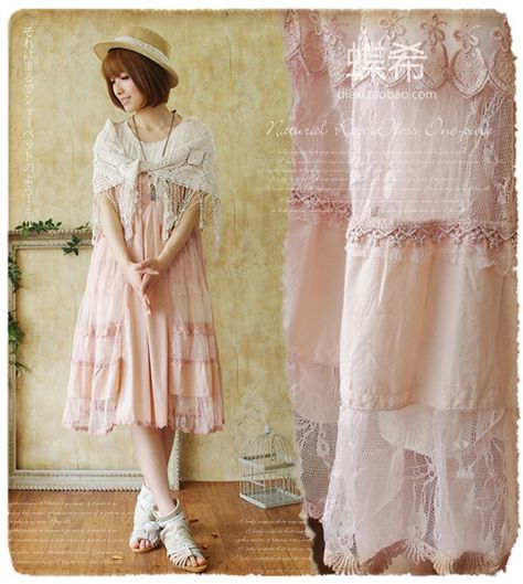 Pink Mori Kei, Mori Kei Aesthetic, Japanese Style Fashion, Vintage Spaghetti, Mori Fashion, Mori Kei, Mori Girl Fashion, Pink House, Lace Pink Dress