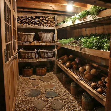 Explore this enchanting root cellar featuring rustic wooden shelves brimming with baskets of potatoes and vegetables. Pebbled floors enhance the old-world charm, while green plants on the upper shelves add a touch of life. The space is designed with a Scandinavian aesthetic, illuminated by natural lighting, creating a cozy and warm ambiance perfect for storage and winter contemplation. A small door connects this underground sanctuary to the outside, integrating nature and rustic elegance. Underground Storage Ideas, Outdoor Canning Area, Workshop Kitchen Design, Root Cellar Shelving, Root Cellar Under House, Small Root Cellar Ideas, Root Vegetable Storage Kitchen, Small Cellar Ideas, Underground Cellar Food Storage