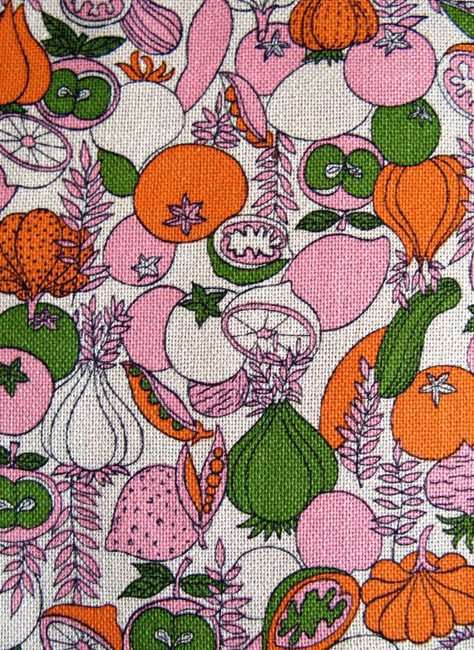 Bright Fruit and Veg Vintage Fabric Yardage-1 3/4 Yards by MarketHome Vintage Fruit Print, Vintage Textile Prints, Fruit Print Pattern, Vintage Fruit Prints, Upholstery Pattern, Vintage Fabric Prints, Fruit Fabric, 70s Fabric, Fruit Prints