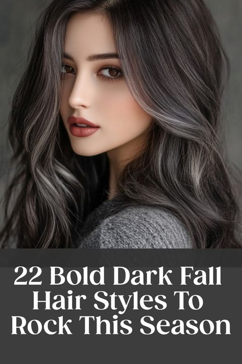 22 Bold Dark Fall Hair Styles To Rock This Season Fall Hair Color Ash Brown Dark, Hair Color Ideas For Glow Up, Gunmetal Hair Color, Fall Hair Color For Brunettes To Cover Gray, Blue Undertone Brown Hair, Dark Hair With Bold Highlights, Dark Hair With Violet Undertones, Fall Hair Ideas For Brunettes Dark Brown, Grey Hair For Brunettes