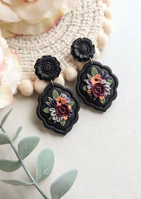 Black gothic style earrings dark academia aesthetic floral dangles handmade from polymer clay Gothic Polymer Clay, Large Dangle Earrings, Aesthetic Floral, Flower Top, Daisy Earrings, Dark Academia Aesthetic, Flower Stud, Academia Aesthetic, Flower Tops