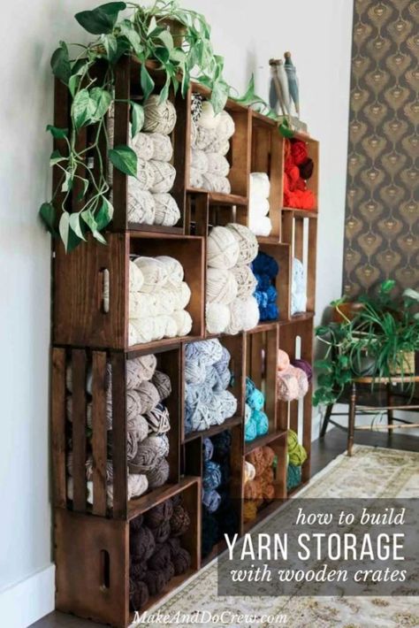 Knitting Yarn Storage, Wooden Crate Shelves, Crate Shelves Diy, Easy Shelves, Yarn Tutorials, Book Furniture, Yarn Organization, Craft Storage Furniture, Crate Shelves