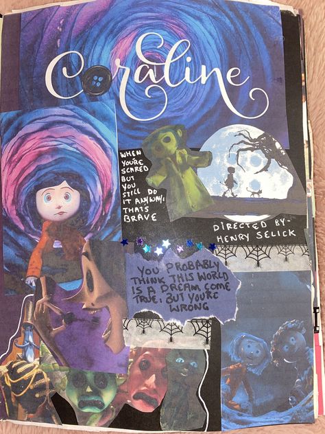 Coraline Journal Page, Tv Journal, Coraline Film, Coraline Drawing, Coquette Diy, Coraline Art, Movie Journal, Movie Collage, Film Journal