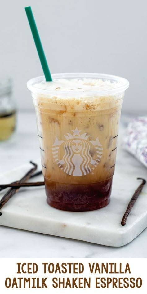 Iced Toasted Vanilla Oatmilk Shaken Espresso {Starbucks Copycat} Starbucks Toasted Vanilla Oatmilk, Toasted Vanilla Oatmilk Shaken Espresso, Vanilla Oatmilk Shaken Espresso, Oatmilk Shaken Espresso Recipe, Oatmilk Shaken Espresso Starbucks, Shaken Espresso Starbucks, Expresso Recipes, Ww Inspiration, Coffee Smoothie Recipes