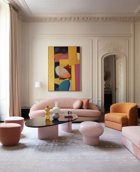 Colorful Art Deco Living Room, Interior Design Styles 2024, Modern Maximalist Interior Design, Pop Of Color Living Room, Post Modern Interior, Pastel Scandinavian Interior, Interior Design Colourful, Colorful Minimalist Home, Art Decor Interior Design