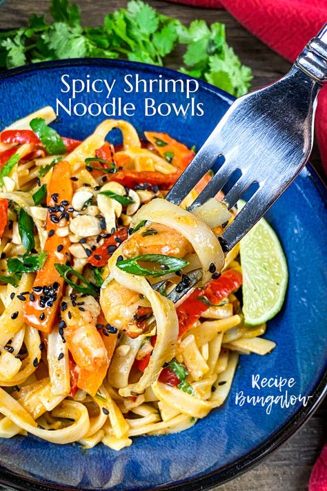 Spicy Shrimp Noodle Bowls Recipe Shrimp Noodle Bowl, Coconut Broth, Noodle Bowls Recipes, Shrimp Noodles, Themed Recipes, Planning Template, Meal Planning Template, Tasty Breakfast, Black Sesame Seeds