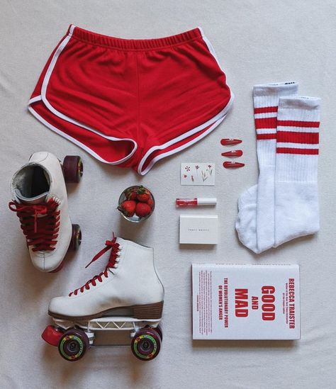 SureGrip 73 Superlites Outdoor Roller Skates with red wheels, red laces, & Chaya Cherry Bombs Retro Skating Outfit, Red Roller Skates Aesthetic, Roller Skating Vintage, Cute Roller Skates Outfits, Roller Skating Clothes, Roller Skate Fashion Outfits, Roller Skates Shoes, Rollerblades Outfit, Roller Skating Outfits Retro