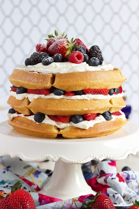 Berry Vanilla Bean Belgian Waffle Cake recipe | @suburbansoapbox Waffle Cakes, Waffle Cake, Cake Images, Vanilla Bean, Cake Recipe, Whipped Cream, 30 Minutes, Pancakes, Berry