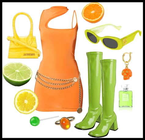 Citrus Inspired Outfits, Zenon Inspired Outfits, Winx Aestethic Outfits, Lemon Inspired Outfits, Stella Inspired Outfits, Fruitcore Outfits, Colourful Y2k Outfits, Orange Fruit Outfit, Di Fruitful Fashion