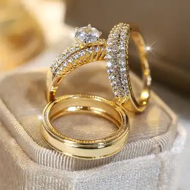 Elegant Stacking Rings Paved Full Shining Zirconia - Temu Wedding Ring Trio, Couples Wedding Rings Set, Trio Ring Set, Trio Ring, Pave Ring, Gold Wedding Rings, Anniversary Bands, Lab Created Diamonds, Wedding Ring Sets