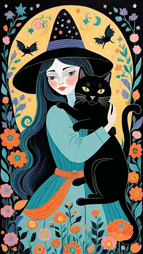 Ghibli Halloween Wallpaper, Witch And Cat Wallpaper, Halloween Witch Illustration, Halloween Cat Illustration, Witchy Illustration, Halloween Tarot, Arte Peculiar, Animal Illustration Art, Witchy Wallpaper