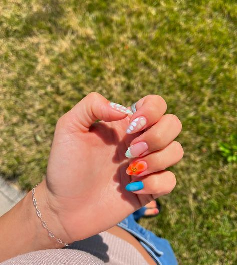 Client Nalfies🤩 #luminarynailsystems #naturalnails #handpaintednailart #summernails #y2knails Blooming Gel Flower, Orange Flower Nails, Orange Aura Nails, Summer Nails Colorful, Funky Summer Nails, Orange Aura, Nails Funky, Blooming Gel, Nails Colorful