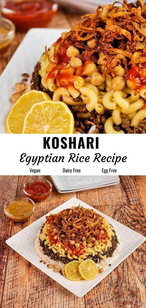 Kushari Recipe Egyptian Food, Vegan Egyptian Food, Egyptian Rice Recipes, Koshari Recipe Egyptian Food, Koshary Recipe, Koshary Egyptian, Egyptian Food Recipes, Egyptian Koshari Recipe, Lentils Pasta