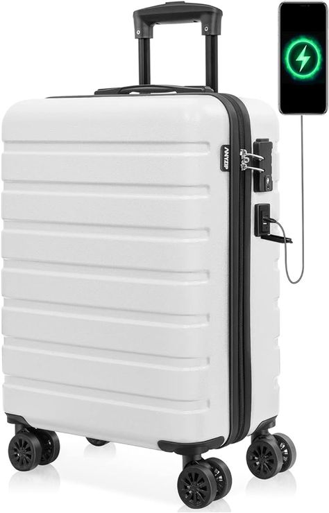 Amazon.com: AnyZip Carry On Luggage 21" Hardside PC ABS Lightweight USB Suitcase with Wheels TSA Lock White : Clothing, Shoes & Jewelry White Suitcase, Lightweight Suitcase, White Clothing, Carry On Luggage, Travel Luggage, Shoes Jewelry, Carry On, Shoe Jewelry, White