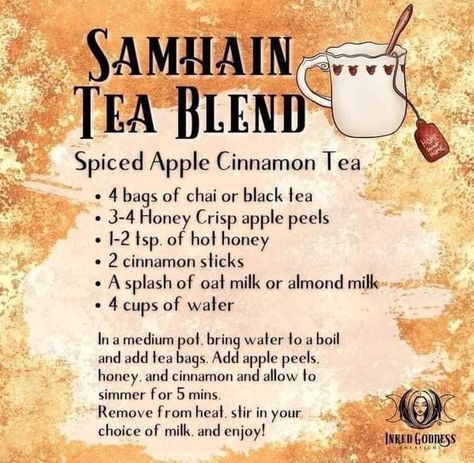 Samhain Tea Recipe, Traditional Samhain Food, Wiccan Tea Recipes, Samhain Drinks, Samhain Celebration Ideas, Witch Celebrations, Sabbat Correspondences, Samhain Tea, Samhain Dinner