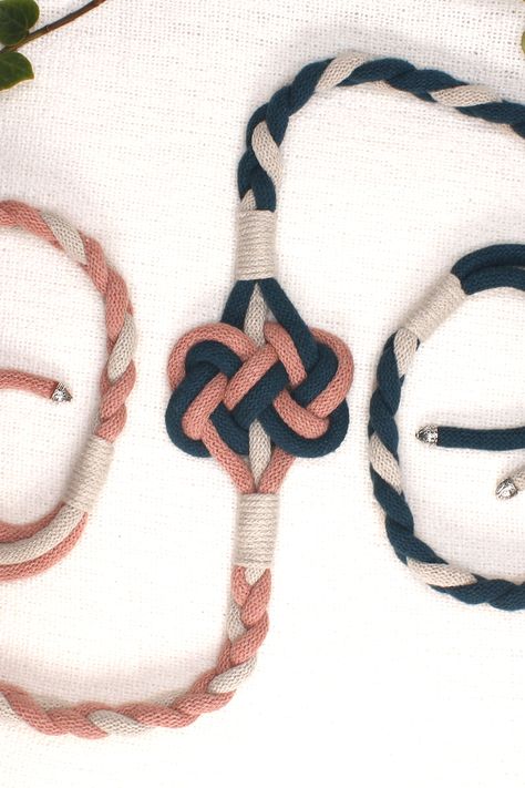 Handfasting Cord - Celtic Double Heart Knot in Natural Cotton - Peacock Blue, Dusty Pink and Taupe Celtic Knot Tying Ceremony, Celtic Marriage Knot, Crochet Handfasting Cord, Celtic Handfasting Cords Diy, How To Make Handfasting Cords, Diy Handfasting Cord How To Make, How To Make A Handfasting Cord, Diy Hand Fasting Cord, Handfasting Cords Diy How To Make