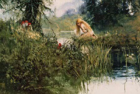 The Hulder (or Huldra), a seductive and dangerous Norwegian forest sprite, beautiful except for her long, cow-like tail. #FolkloreThursday Female Creature, Norwegian Folklore, Mountain People, Scandinavian Folklore, Forest People, Animal Tails, Elves And Fairies, Nature Spirits, Forest Spirit