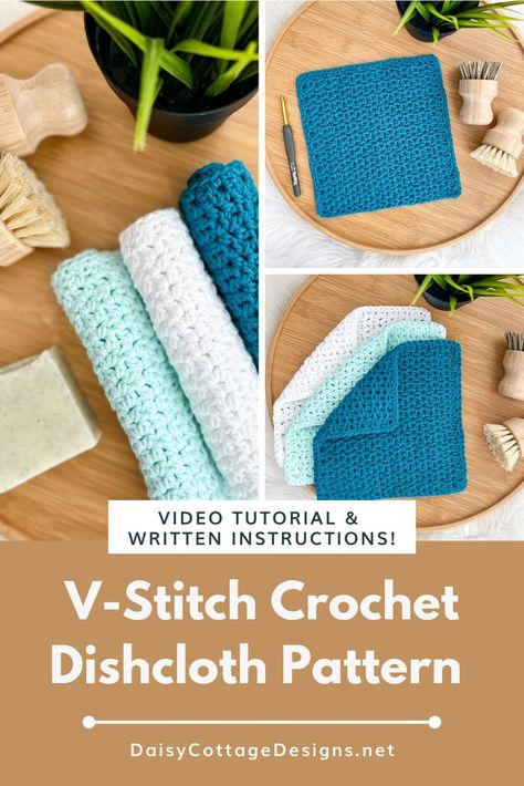 Use this easy crochet pattern to whip up a beautiful dishcloth or waschloth. They make perfect gifts, and they're fun projects that work up quickly! Washcloth Crochet Pattern, Daisy Cottage Designs, Crochet Washcloth Free Pattern, Crochet Washcloth Free, V Stitch Crochet, Daisy Cottage, Crochet Washcloth Pattern, Quick Crochet Projects, Cottage Designs