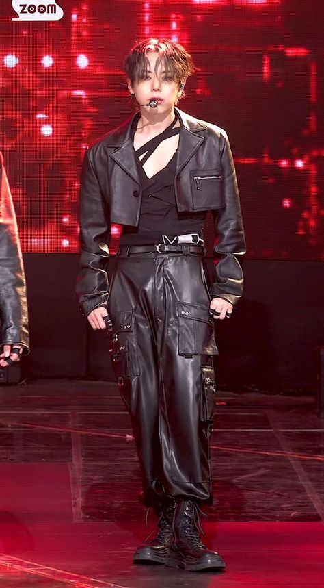 Kpop Fashion Men Stage, Kpop Outfits Male Stage, Band Outfits Stage Men, Idol Outfit Male, Black Stage Outfits Kpop Male, Kpop Stage Outfits Male, Red Stage Outfits Kpop Male, Ateez Leather Outfit, Daehyeon Wei