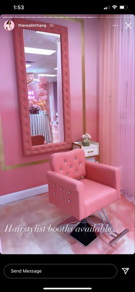 Hair Room Ideas At Home Glam, Hair Extension Room Ideas, Blush Salon Decor, Pink Hair Salon Aesthetic, Pink Salon Suite, Hair Braider Room Ideas, Hair Studio Ideas Small Spaces, Pink Hair Salon Decor, Pink Salon Ideas