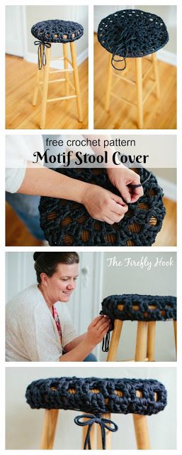 My Hobby Is Crochet: Motif Stool Cover - Free Crochet Pattern from Guest Contributor on My Hobby is Crochet Blog Crochet Stool Cover, Stool Cover Crochet, Baskets Crochet, Crocheted Baskets, Plastic Basket, Knit Projects, Stool Covers, All Free Crochet, Crochet Kitchen