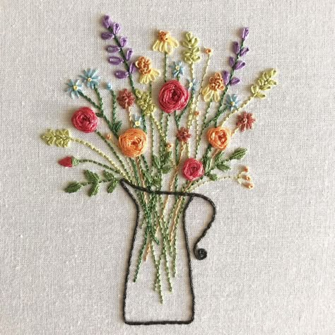 Vase Of Flowers Embroidery, Flower Vase Embroidery, Simple Hand Embroidery Patterns, Textile Art Embroidery, Vase Of Flowers, Diy Embroidery Designs, Sewing Crafts Tutorials, Diy Embroidery Patterns, Embroidery Book