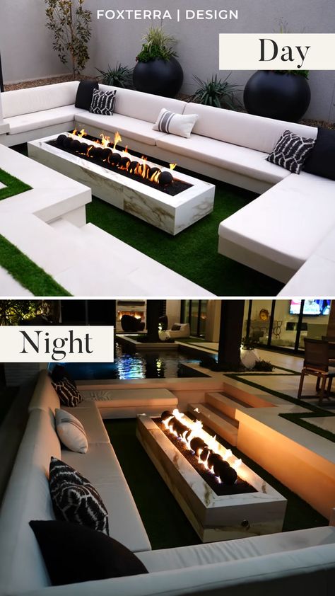 Looking for small backyard landscape design inspiration & outdoor fire pit seating ideas? This modern sunken seating outdoor lounge area adds the perfect amount of entertaining space to this small backyard design! Tour this modern luxury backyard here & see inside this incredible design! Outdoor Fire Pit Seating Ideas, Modern Luxury Backyard, Fire Pit Seating Ideas, Sunken Seating Area, Small Backyard Landscape, Luxury Fire Pit, Sunken Seating, Backyard Landscape Design, Outdoor Fire Pit Seating