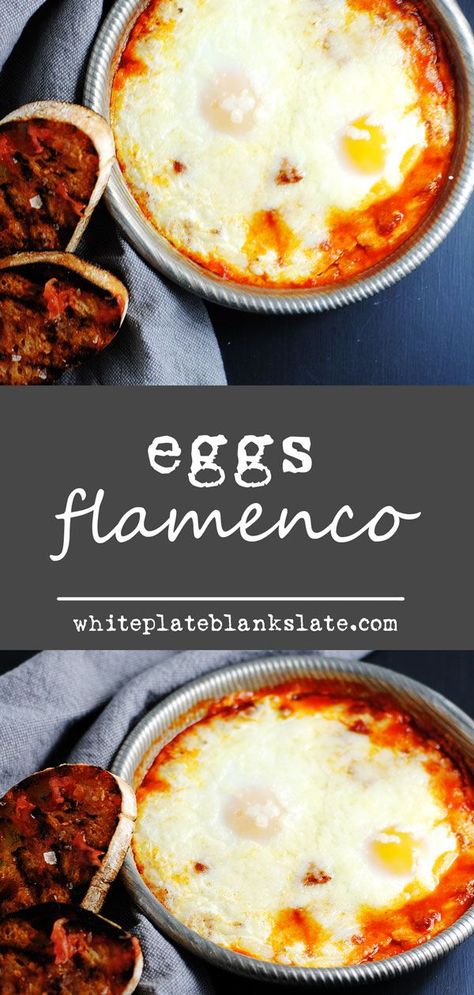 Eggs flamenco is a simple, Spanish dish that has eggs baked in a delicious tomato-chorizo sauce that gets extra smokiness from smoked paprika. #whiteplateblankslate #eggs #chorizo #spanish #eggsflamenco #easydinner Spanish Baked Eggs, Eggs Chorizo, Spanish Paella Recipe, Spanish Dish, Spanish Breakfast, Easy Spanish Recipes, Traditional Spanish Recipes, Arancini Recipe, Chorizo And Eggs