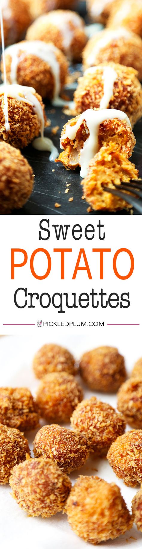 Sweet Potato Croquettes - Crispy on the outside with sweet, fluffy and pillowy goodness on the inside. Easy, and and healthier way to serve fried foods! Recipe, dessert, sweet potato, snack, balls, croquettes | pickledplum.com Sweet Potatoes Croquettes, Sweet Potato Cheese Balls, Fried Sweet Potato Balls, Sweet Potato Croquettes Recipes, Sweet And Savory Sweet Potatoes, Dessert Sweet Potato, Sweet Potato Croquettes, Sweet Potato Balls Recipe, Sweet Potato Snack