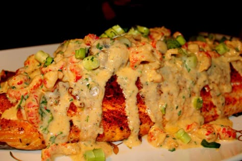 Sourdough Stuffed Blackened Salmon w/ Crawfish Mushroom Sauce Crawfish Cream Sauce Recipe, Fish With Cream Sauce, Crawfish Sauce, Crawfish Recipe, Fish Dishes Recipes, Crawfish Recipes, Recipe Salmon, New Orleans Recipes, Mushroom Cream Sauces