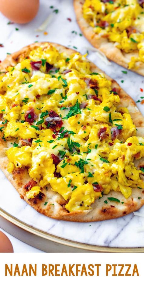 Naan Breakfast Pizza, Naan Breakfast, Scrambled Eggs Bacon, Breakfast Pizzas, Flatbread Pizzas, Naan Bread Pizza, Naan Pizza Recipes, Breakfast Pizza Recipe, Recipes With Naan Bread