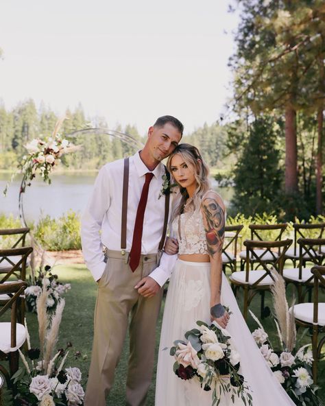 Cheers to Tiffany & Sean 🥂 This pair's romantic ceremony featured bold roses & plumes of pampas grass. Our favorite detail was Tiffany's stunner of a wedding dress - a two piece with a lace bodice and a flowing skirt with a long train. Moody Burgundy Wedding, Pampas Grass Wedding Ceremony, Grass Wedding Ceremony, Moody Modern Wedding, Romantic Outdoor Wedding Ceremony, Lakeside Wedding Ceremony, Wedding Lakeside, Placerville California, Apple Hill