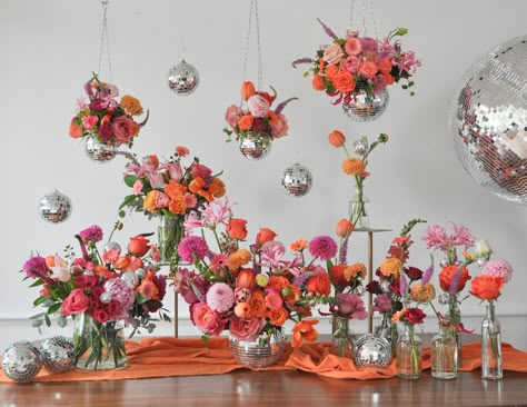 The Disco Blooms Collection is Here! – WildFlora Flowers Disco Ball, Boho Disco Centerpieces, Disco Party Flowers, Flower Bud Centerpieces, Centerpiece With Disco Ball, Disco Garden Party Decorations, Disco Bloom Party, Centerpieces With Disco Balls, Garden Party Disco Wedding