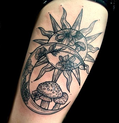 Sun And Moon Mushroom Tattoo, Witchy Sun And Moon Tattoo, Moon And Mushroom Tattoo, Sun And Moon Flower Tattoo, Sun Moon Flower Tattoo, Traditional Tattoo Sleeve Ideas, Whimsigoth Tattoos, Whimsigoth Tattoo, Moon Flower Tattoo