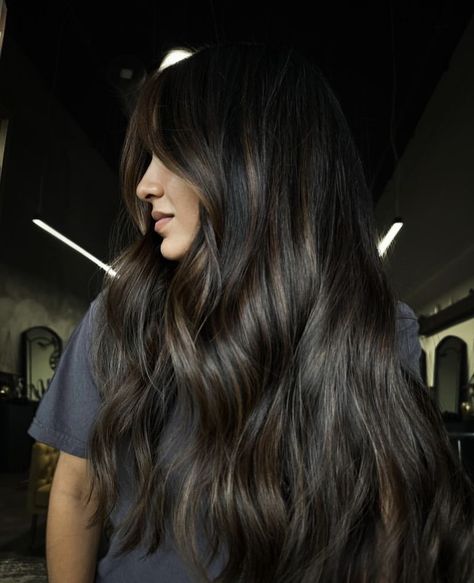 Best Hair Color For Dark Hair, Old Money Dark Brunette Hair, Dark Espresso Brown Hair, Black And Chocolate Brown Hair, Dark Brown Glaze Hair, Subtle Dark Brown Balayage, Asian Black Hair With Highlights, Ombre Hair Asian, Dark Brown Balayage Hair Chocolates