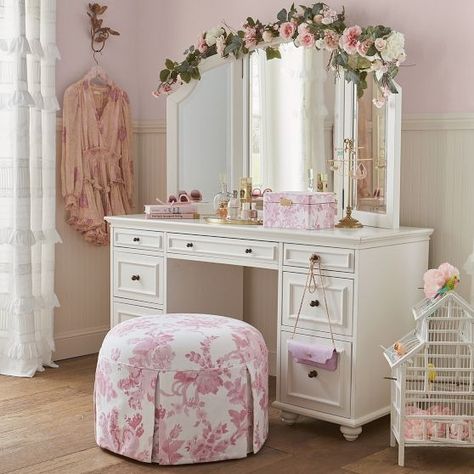 LoveShackFancy | Pottery Barn Teen Loveshackfancy Home, Loveshackfancy Pottery Barn, Loveshackfancy Bedroom, Fancy Pottery, Pottery Barn Vanity, Lounge Ottoman, Costal Bedroom, Loveshack Fancy, Fancy Aesthetic