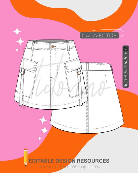 Digital Template: Denim Cargo Mini Skirt with Pockets, Belt, and Belt Loops - Fashion Flat Drawing Unveil a trendy approach to denim with our digital template for a cargo mini skirt, incorporating practical pockets, a stylish belt, and belt loops for added functionality. Perfect for fashion designers looking to infuse their collections with a blend of utility and style. Mini Skirt Drawing, Fashion Flat Drawing, Flat Drawings, Cargo Mini Skirt, Denim Cargo, Design Drawings, Curated Design, Fashion Design Drawings, Skirt With Pockets