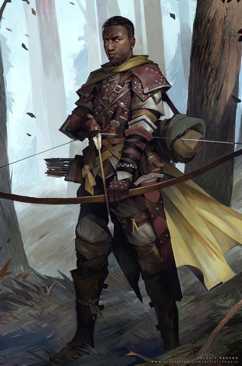 Guerreiro arqueiro, humano, negro, caçador de orc Ranger Rpg, Illustration Fantasy, Heroic Fantasy, Longbow, Male Character, Bow And Arrow, Dungeons And Dragons Characters, Human Male, Black Characters